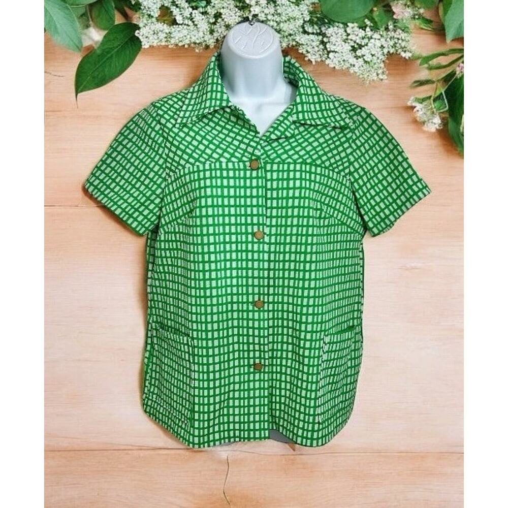 Vintage 60’s Polyester Button Front Top Sz Large Pockets Tunic Green Check
